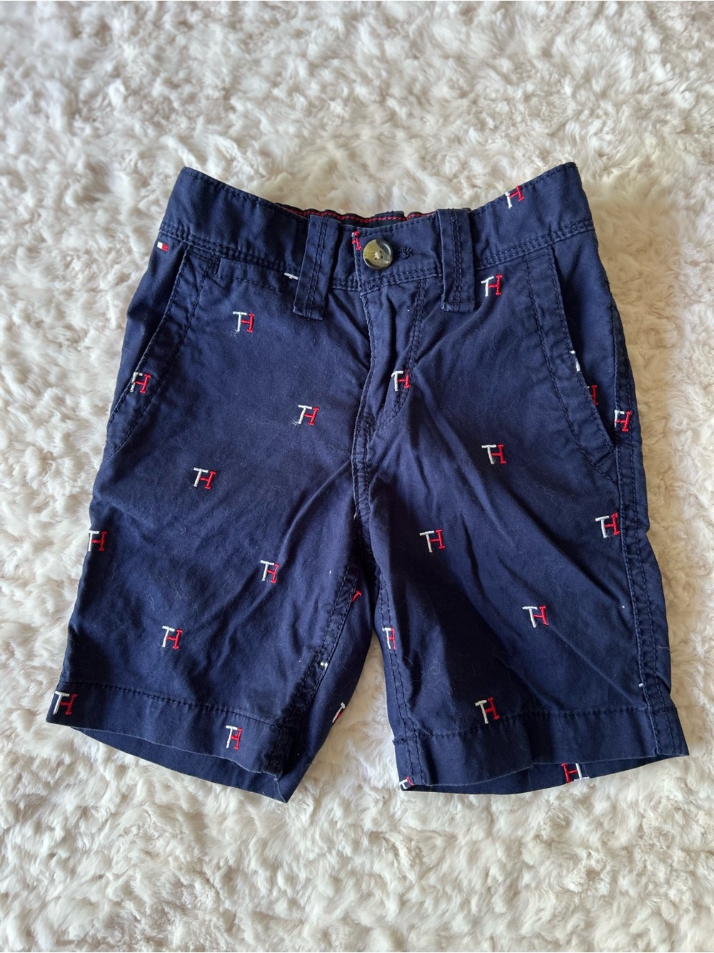 Tommy Hilfiger Navy Flat Front Men’s Shorts with Red & White Logo Embroidery